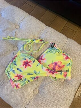 PINK Victoria's Secret Neon Yellow Tropical Floral Halter Bikini Top